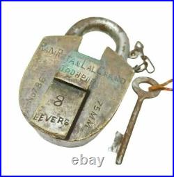 Very Rare 1900 Vintage Old Antique Brass Heavy Strong 8 Levers Pad Lock With Key