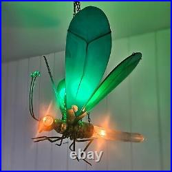 Very Rare 1920s Art Deco Glass Brass Dragonfly Chandelier Lamp