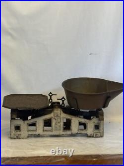 Very Rare 1930's Ornate Cast Iron Balance Scale With Brass Spout Hopper