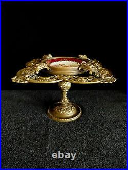 Very Rare 19th Century Brass Compote With Faces & Hand Painted Porcelain Plate