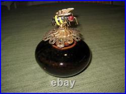 Very Rare 5 Enameled Brass Bumble Bee Oil Lamp With Brown Ceramic Vase Base