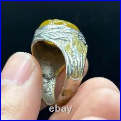 Very Rare Ancient Roman Pegasus IntaglioYellow Stone Brass Silver Plated Ring E