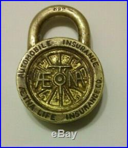 Very Rare Antique Aetna Life Automobile Insurance Co. Solid Brass Padlock B 92