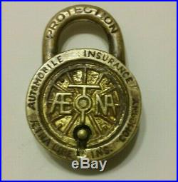Very Rare Antique Aetna Life Automobile Insurance Co. Solid Brass Padlock B 92