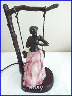 Very Rare Antique Brass Blown Glass Art Deco Lamp Lady In A Swing W Butter Fly