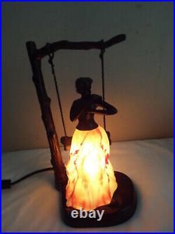 Very Rare Antique Brass Blown Glass Art Deco Lamp Lady In A Swing W Butter Fly