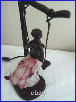 Very Rare Antique Brass Blown Glass Art Deco Lamp Lady In A Swing W Butter Fly