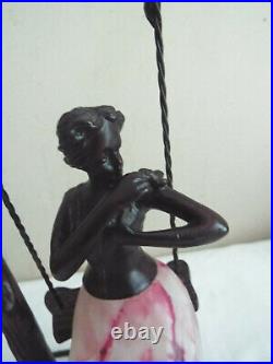 Very Rare Antique Brass Blown Glass Art Deco Lamp Lady In A Swing W Butter Fly