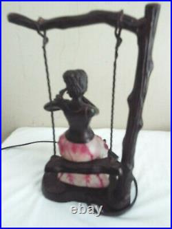 Very Rare Antique Brass Blown Glass Art Deco Lamp Lady In A Swing W Butter Fly