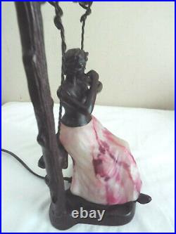 Very Rare Antique Brass Blown Glass Art Deco Lamp Lady In A Swing W Butter Fly