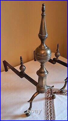 Very Rare Antique C18th American Chippendale Tall Brass Andiron Firedog Pair