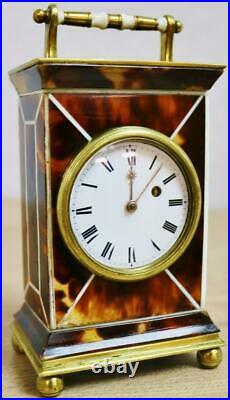 Very Rare Antique English Fusee Faux Tortoise Shell Desk Mantel Carriage Clock