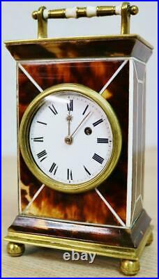 Very Rare Antique English Fusee Faux Tortoise Shell Desk Mantel Carriage Clock