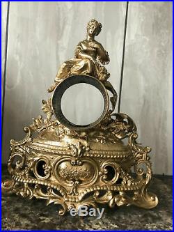 Very Rare Antique French Spelter Gilded Brass Figural Vintage Clock Case Mantel