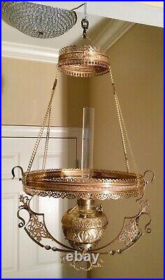 Very Rare Antique MILLER NEW JUNO No. 1 Hanging Brass Parlor Oil Lamp-Electric