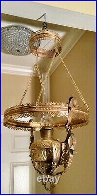 Very Rare Antique MILLER NEW JUNO No. 1 Hanging Brass Parlor Oil Lamp-Electric
