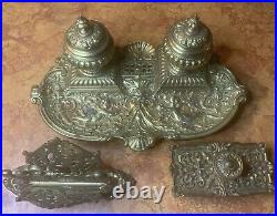Very Rare Antique Victorian Brass Metal Double Inkwell God & Angels 3 Piece Set
