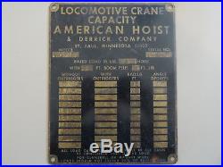 Very Rare Brass Locomotive Crane Data Plate