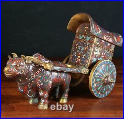 Very Rare China Chinese Cloisonné over Brass Oxen Pulling Cart Statue ca 20th c