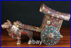 Very Rare China Chinese Cloisonné over Brass Oxen Pulling Cart Statue ca 20th c