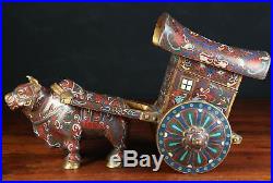 Very Rare China Chinese Cloisonne over Brass Oxen Pulling Cart Statue ca 20th c