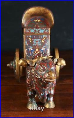 Very Rare China Chinese Cloisonné over Brass Oxen Pulling Cart Statue ca 20th c