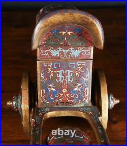 Very Rare China Chinese Cloisonné over Brass Oxen Pulling Cart Statue ca 20th c