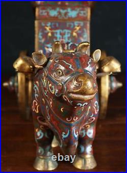 Very Rare China Chinese Cloisonné over Brass Oxen Pulling Cart Statue ca 20th c
