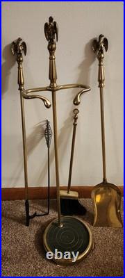 Very Rare Eagle Heavy Brass Beautiful Finish Vintage 4 Piece Fireplace Tool Set