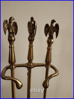 Very Rare Eagle Heavy Brass Beautiful Finish Vintage 4 Piece Fireplace Tool Set