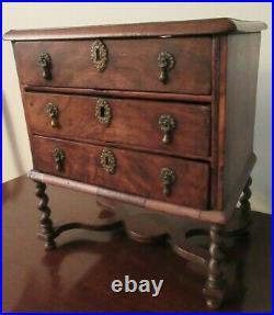Very Rare Early Antique William & Mary Oak Miniature Chest Barley Twist Legs
