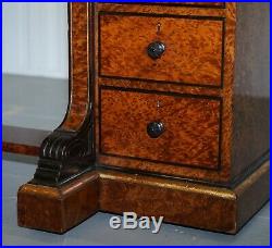 Very Rare Gillow 1852-57 Breakfront Library Desk Brass Gallery Burr Amboyna Wood