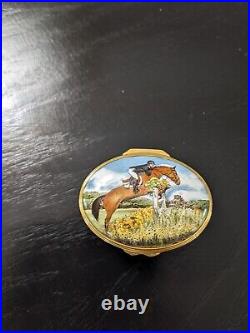 Very Rare Halcyon Days EQUESTRIAN Enamel Brass Horse Jockey Trinket Box