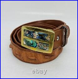 Very Rare Hornback Crocodile Leather Belt Sz 45 Mother Of Pearl Brass Buckle 37