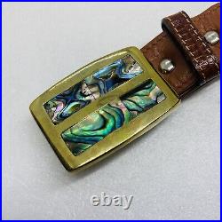 Very Rare Hornback Crocodile Leather Belt Sz 45 Mother Of Pearl Brass Buckle 37