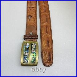 Very Rare Hornback Crocodile Leather Belt Sz 45 Mother Of Pearl Brass Buckle 37