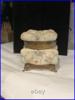 Very Rare Huge Antique Hand Painted Wavecrest Brass Ormolu Footed Box Nr