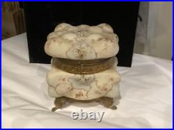 Very Rare Huge Antique Hand Painted Wavecrest Brass Ormolu Footed Box Nr