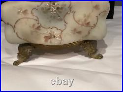 Very Rare Huge Antique Hand Painted Wavecrest Brass Ormolu Footed Box Nr