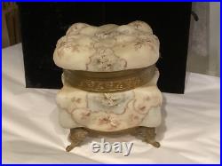 Very Rare Huge Antique Hand Painted Wavecrest Brass Ormolu Footed Box Nr