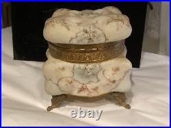 Very Rare Huge Antique Hand Painted Wavecrest Brass Ormolu Footed Box Nr