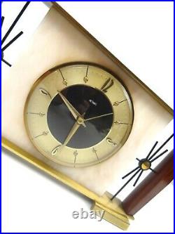 Very Rare Original MID Century Sunburst Teak Marble Brass Table Clock By Metamec