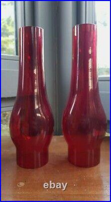 Very Rare Pair Original Oil Lamp Smoke Funnel Chimneys Cranberry Ruby 2.5 fitr