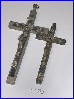 Very Rare Set Of 2 INRI Cross Crucifix Pendants With Skull And Crossbones