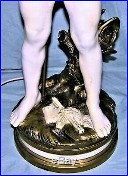 Very Rare Signed Auguste Moreau Young Boy with Birds Newel Post Lamp