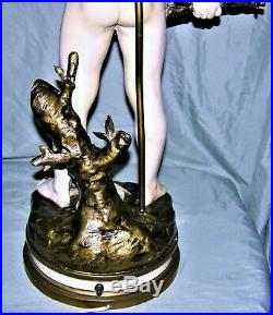 Very Rare Signed Auguste Moreau Young Boy with Birds Newel Post Lamp