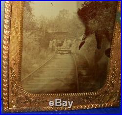 Very Rare Trainwreck scene, Quarter plate tintype in brass mat and frame