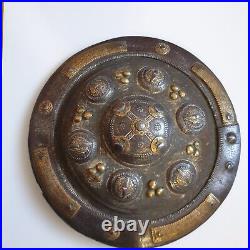 Very Rare Unusual Antique Islamic Yemen Shield Iron Brass Art Graphics