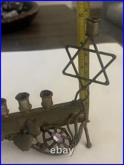 Very Rare Vintage Brass Menorah With Star Of David And Amethyst Accent