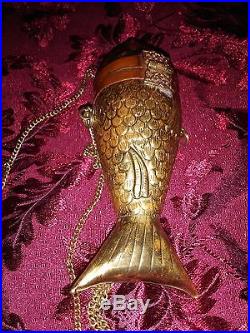 Very Rare Vintage Brass and Copper Fish Purse purple velvet inside